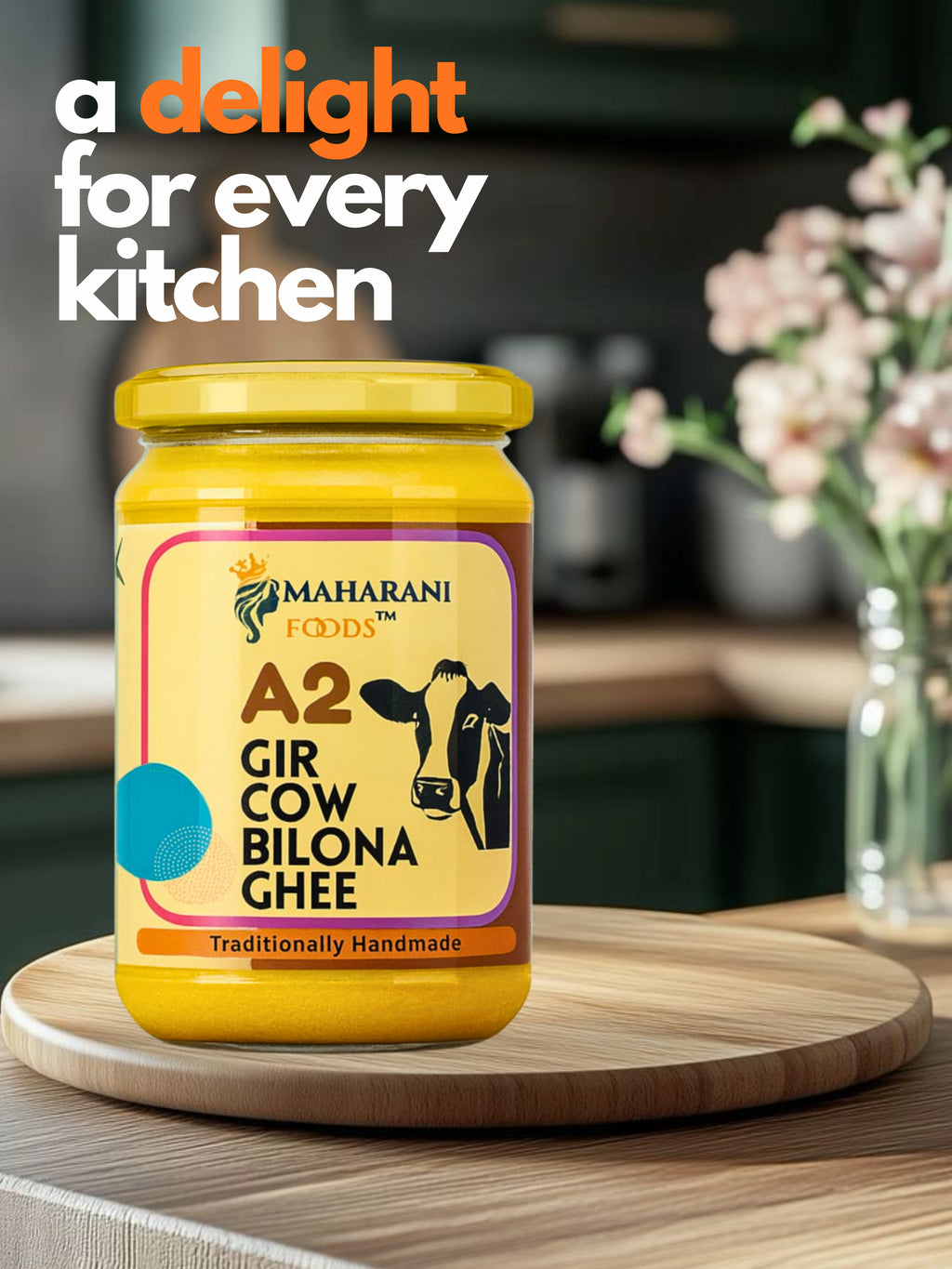 MAHARANI FOODS A2 Gir Cow Ghee 500 ML | Traditional Bilona Method A2 Gir Cow Ghee | Grass-fed, Pure and Healthy Desi Cow Ghee Glass Bottle