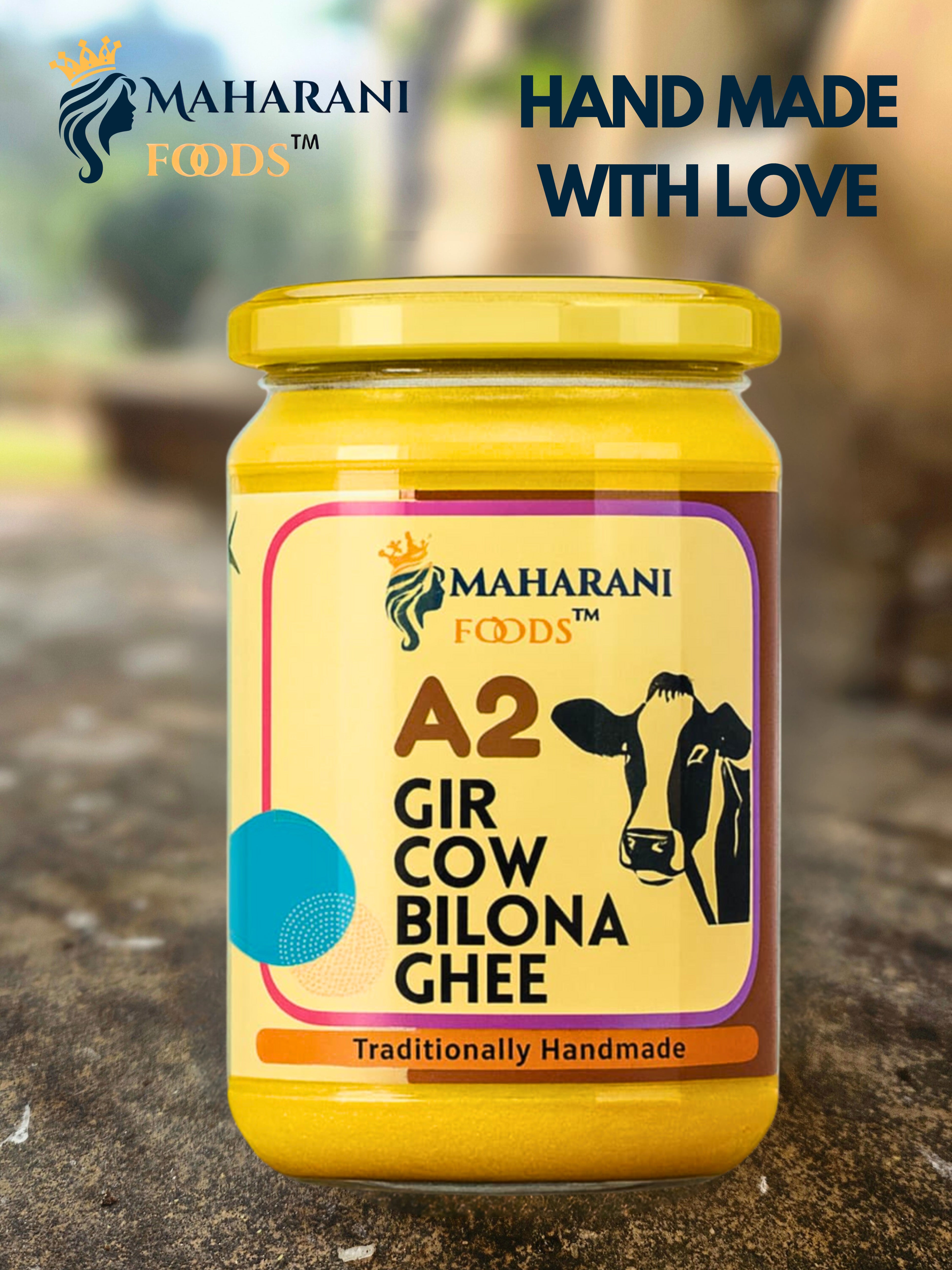MAHARANI FOODS A2 Gir Cow Ghee 500 ML | Traditional Bilona Method A2 Gir Cow Ghee | Grass-fed, Pure and Healthy Desi Cow Ghee Glass Bottle